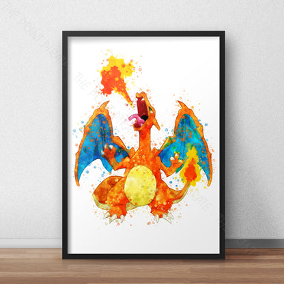 Pokemon 'CHARIZARD' Watercolour Splash Wall Art Print