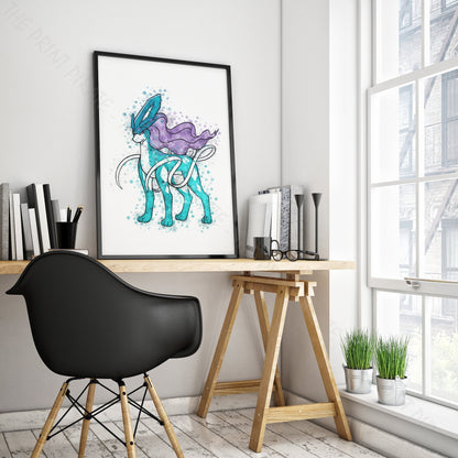 Pokemon 'SUICUNE' Watercolour Splash Wall Art Print