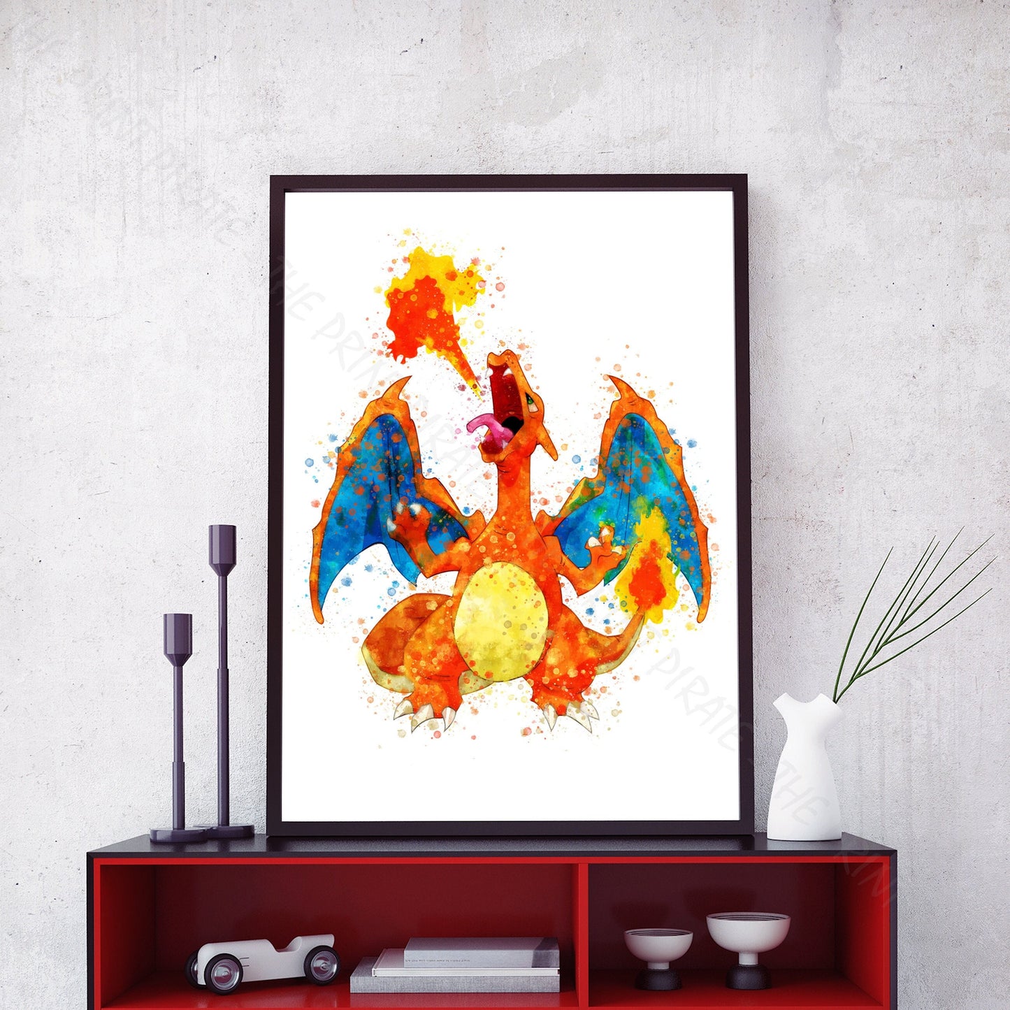 Pokemon 'CHARIZARD' Watercolour Splash Wall Art Print