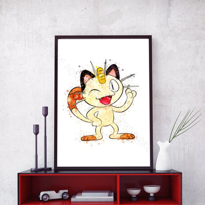 Pokemon 'MEOWTH' Watercolour Splash Wall Art Print