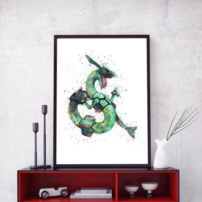 Pokemon 'RAYQUAZA' Watercolour Splash Wall Art Print