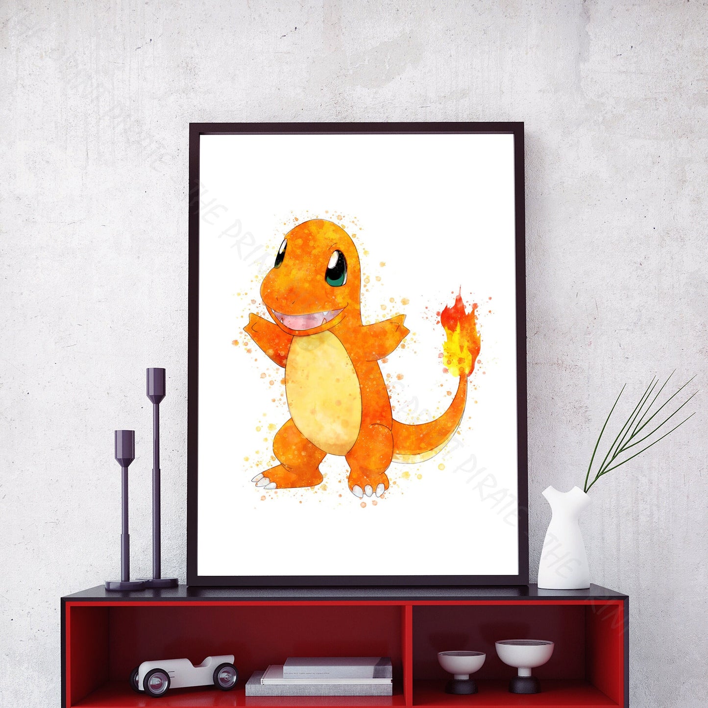 Pokemon 'CHARMANDER' Watercolour Splash Wall Art Print