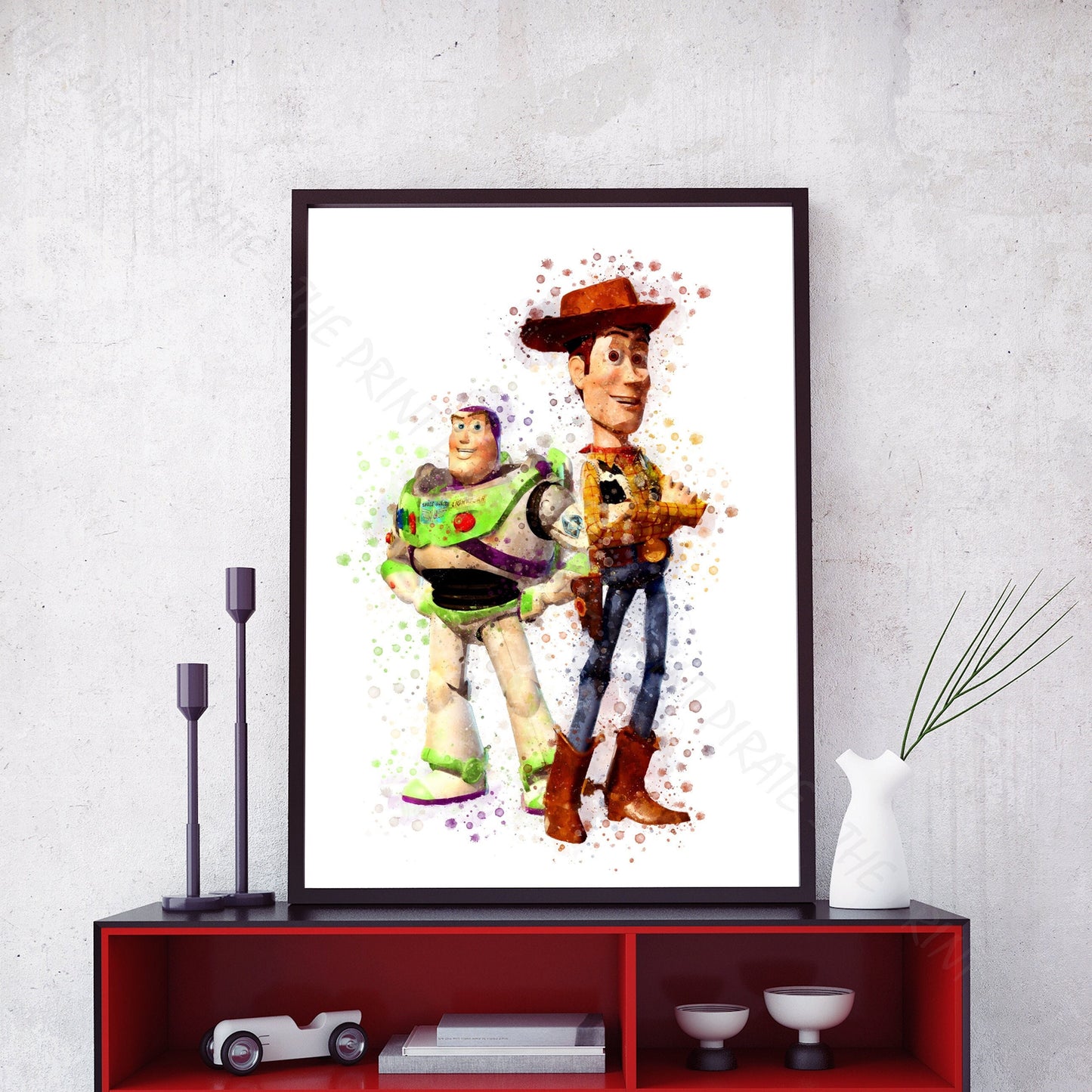 Disney Pixar 'WOODY AND BUZZ' Toy Story Watercolour Splash Wall Art Print