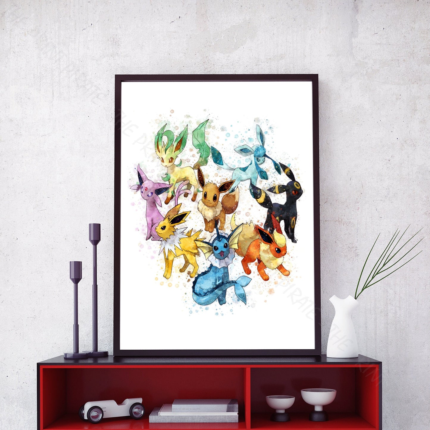 Pokemon 'EEVEE EVOLUTIONS' Watercolour Splash Wall Art Print