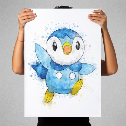 Pokemon 'PIPLUP' Watercolour Splash Wall Art Print