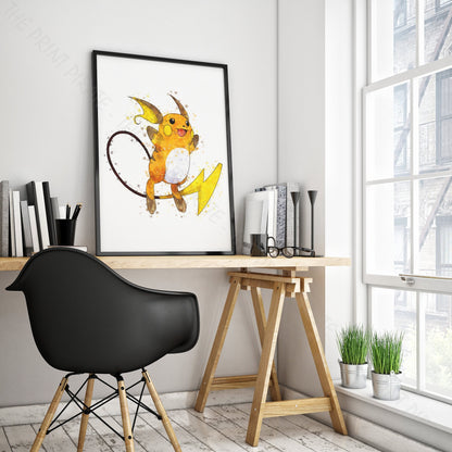 Pokemon 'RAICHU' Watercolour Splash Wall Art Print