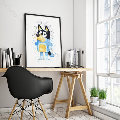 Bluey 'BANDIT' character Watercolour Splash Wall Art Print