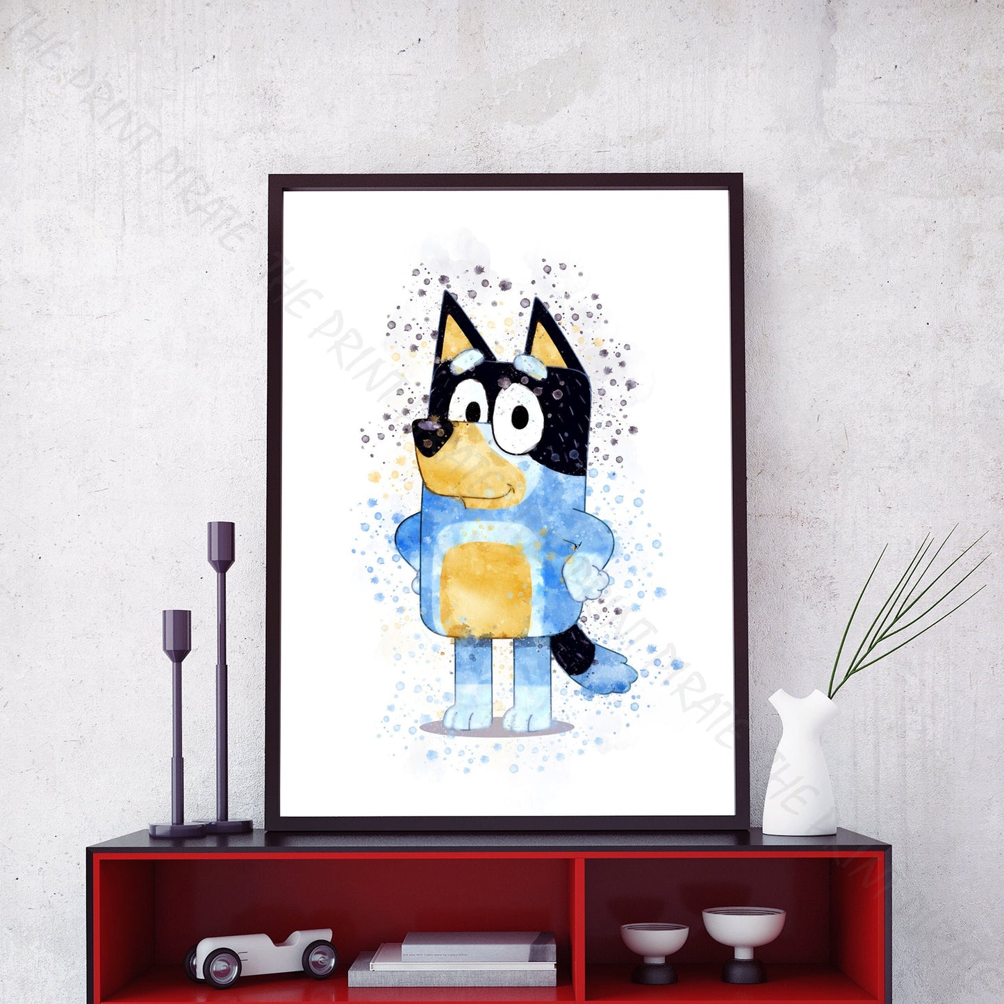 Bluey 'BANDIT' character Watercolour Splash Wall Art Print