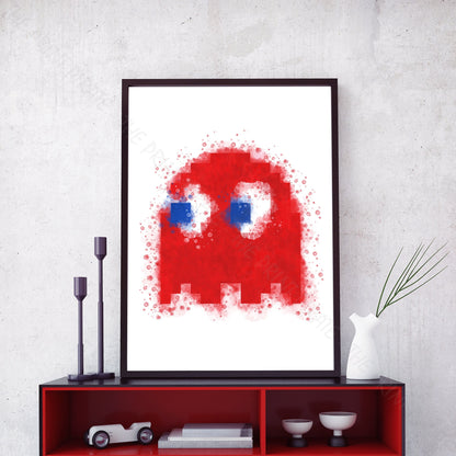 Gaming 'PACMAN RED GHOST BLINKY' Watercolour Splash Wall Art Print