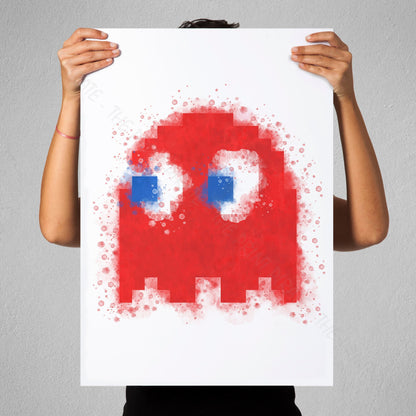 Gaming 'PACMAN RED GHOST BLINKY' Watercolour Splash Wall Art Print