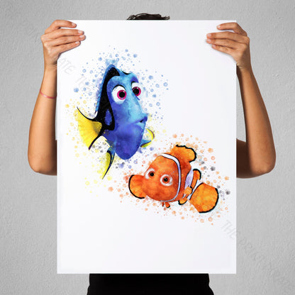 Disney Pixar 'NEMO & DORI' Finding Nemo Print Watercolour Splash Art Print