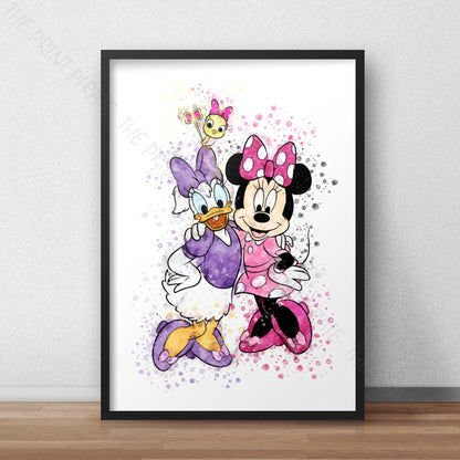 Disney 'MINNIE, DAISY AND CUCKOO' Characters Watercolour Splash Wall Art Print