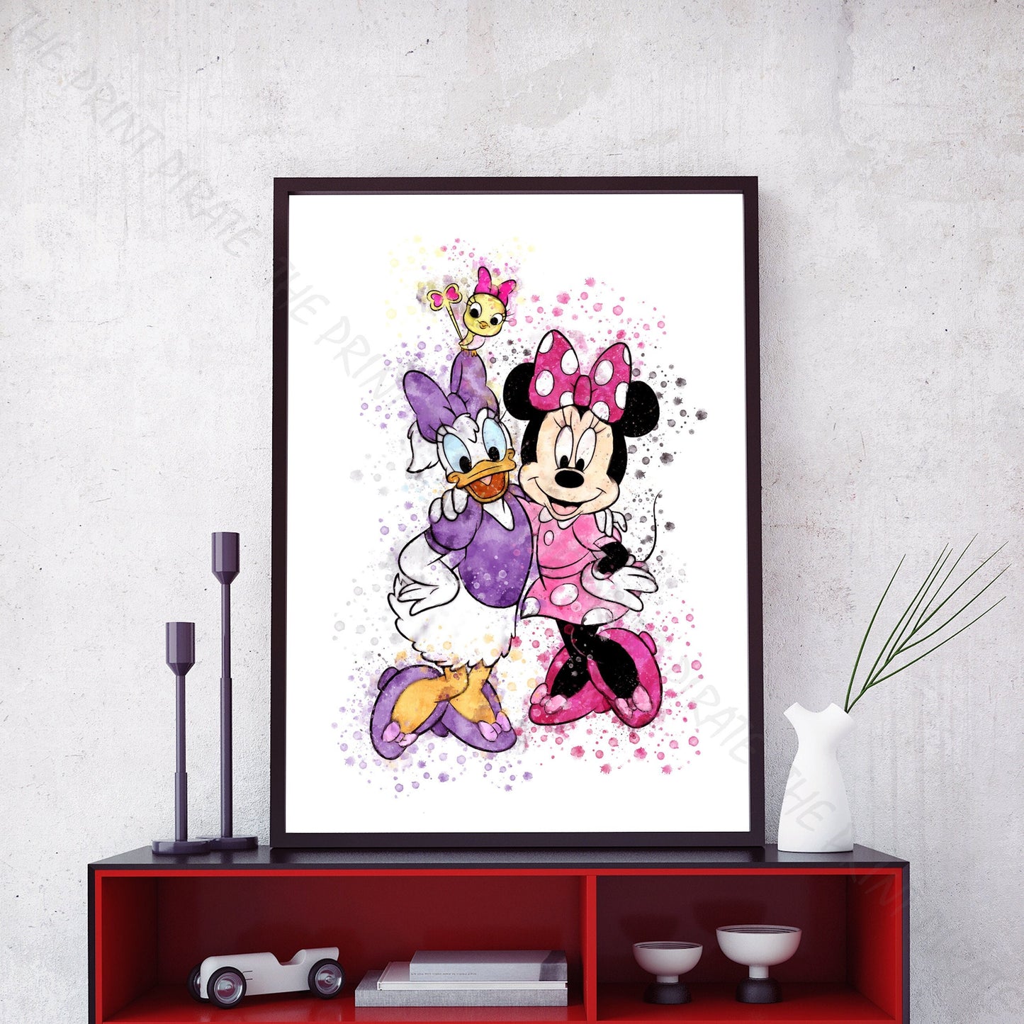 Disney 'MINNIE, DAISY AND CUCKOO' Characters Watercolour Splash Wall Art Print