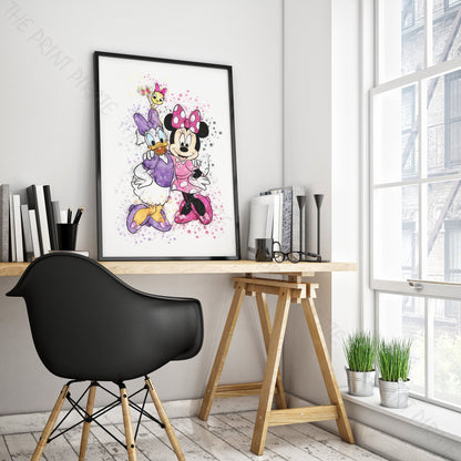 Disney 'MINNIE, DAISY AND CUCKOO' Characters Watercolour Splash Wall Art Print