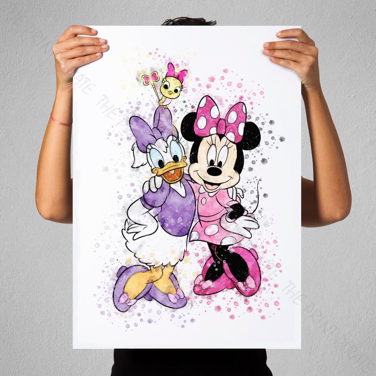 Disney 'MINNIE, DAISY AND CUCKOO' Characters Watercolour Splash Wall Art Print