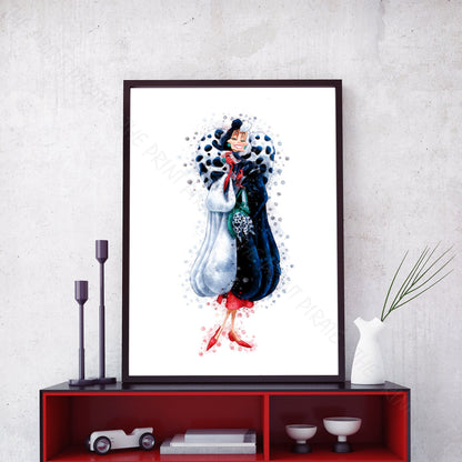 Disney 'CRUELLA DEVILLE' 101 Dalmations Villain Watercolour Splash Wall Art Print