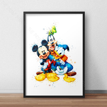 Disney 'MICKEY, DONALD & GOOFY' Characters Watercolour Splash Wall Art Print