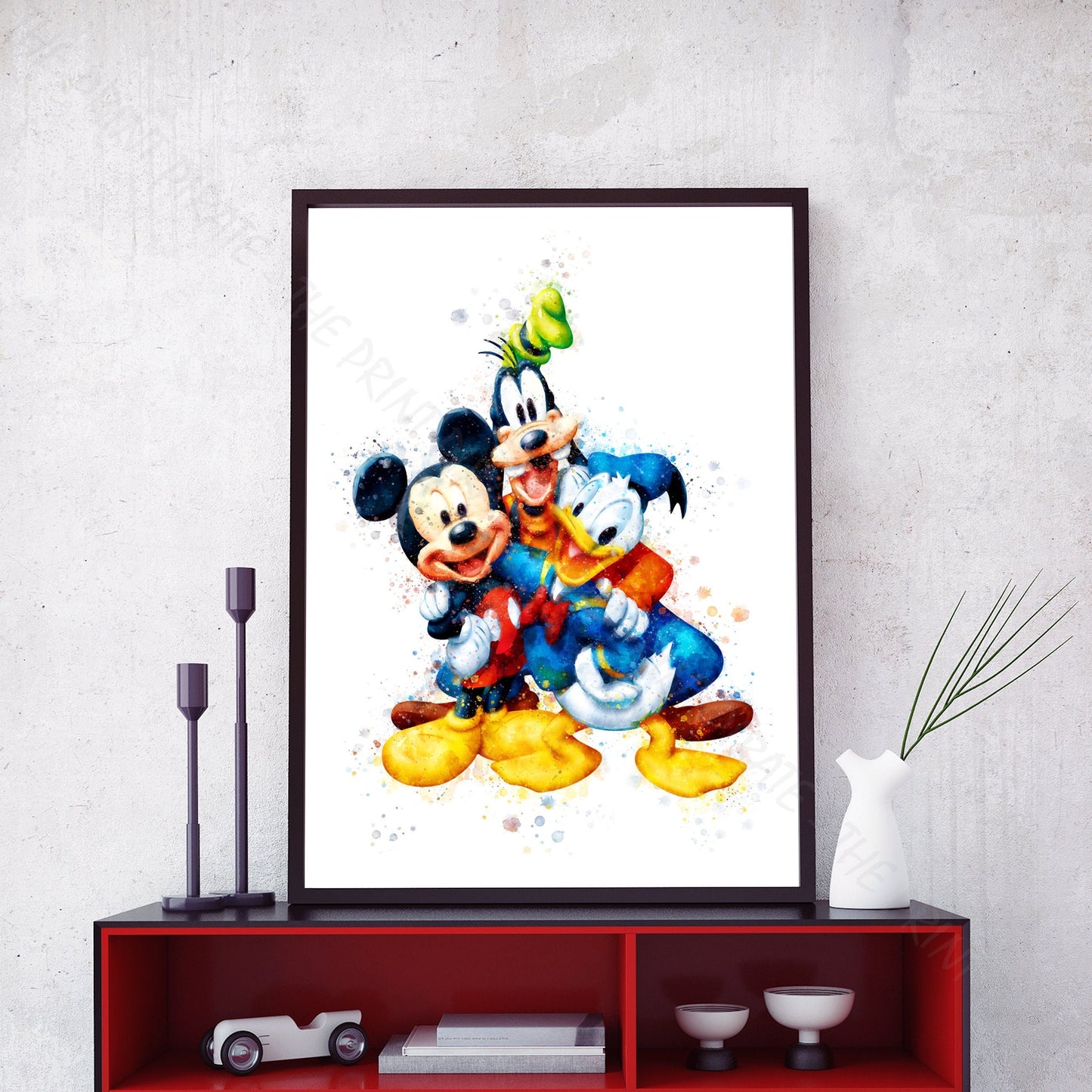 Disney 'MICKEY, DONALD & GOOFY' Characters Watercolour Splash Wall Art Print