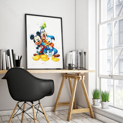 Disney 'MICKEY, DONALD & GOOFY' Characters Watercolour Splash Wall Art Print