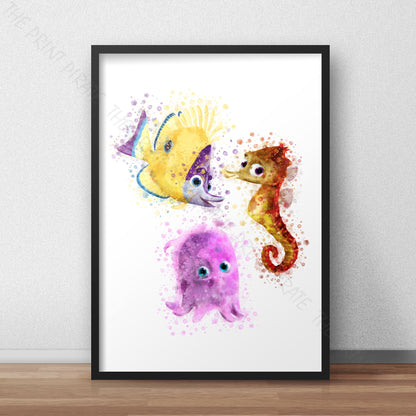 Disney Pixar 'PEARL, SHELDON & TAD' Finding Nemo Watercolour Splash Wall Art Print