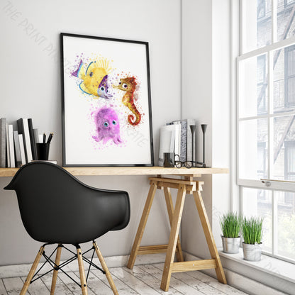 Disney Pixar 'PEARL, SHELDON & TAD' Finding Nemo Watercolour Splash Wall Art Print