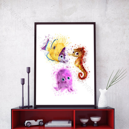 Disney Pixar 'PEARL, SHELDON & TAD' Finding Nemo Watercolour Splash Wall Art Print