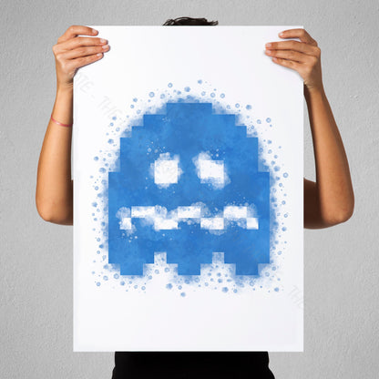 Gaming 'PACMAN SCARED GHOST' Watercolour Splash Wall Art Print