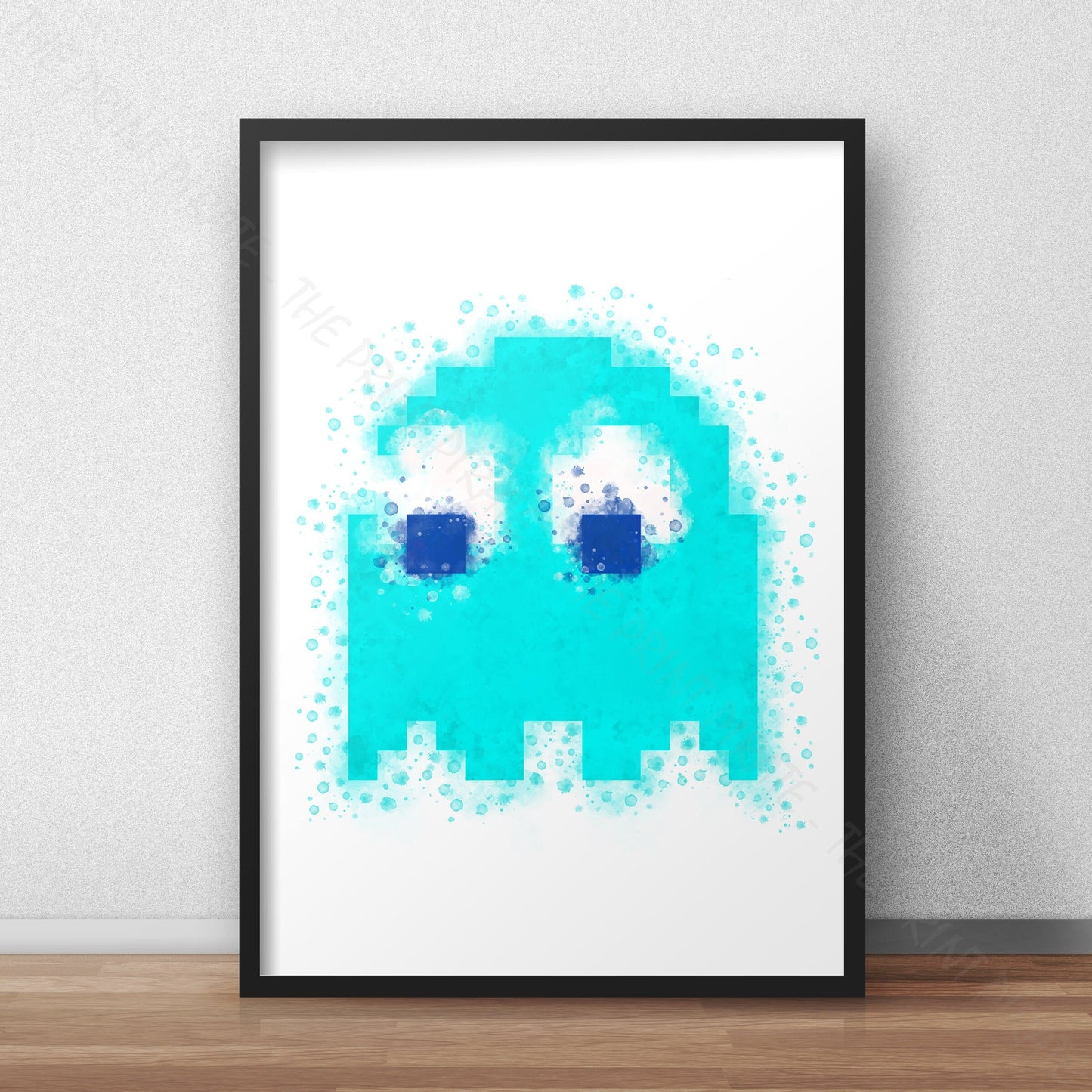 Gaming 'PACMAN BLUE GHOST INKY' Watercolour Splash Wall Art Print