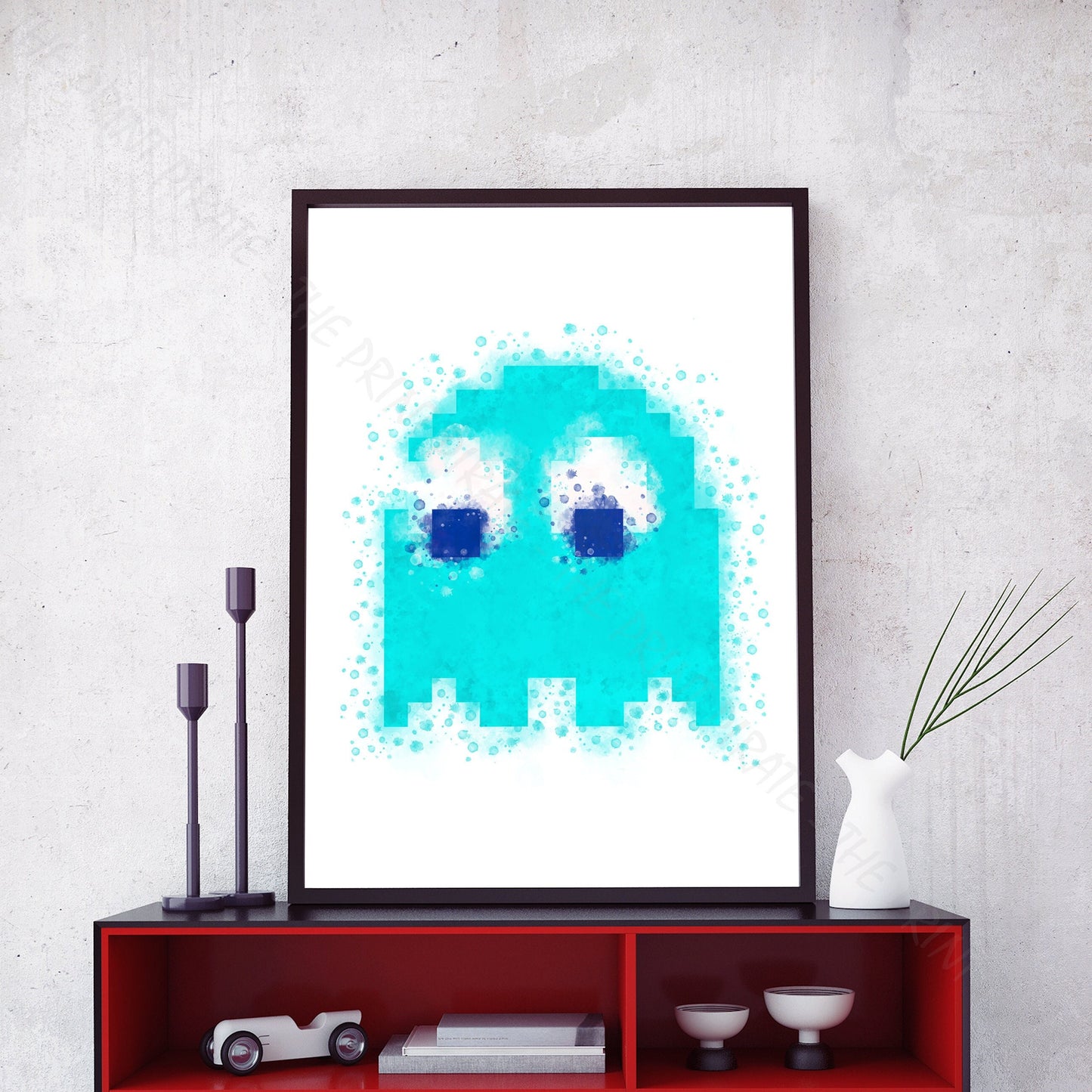 Gaming 'PACMAN BLUE GHOST INKY' Watercolour Splash Wall Art Print