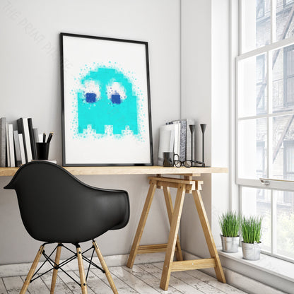 Gaming 'PACMAN BLUE GHOST INKY' Watercolour Splash Wall Art Print