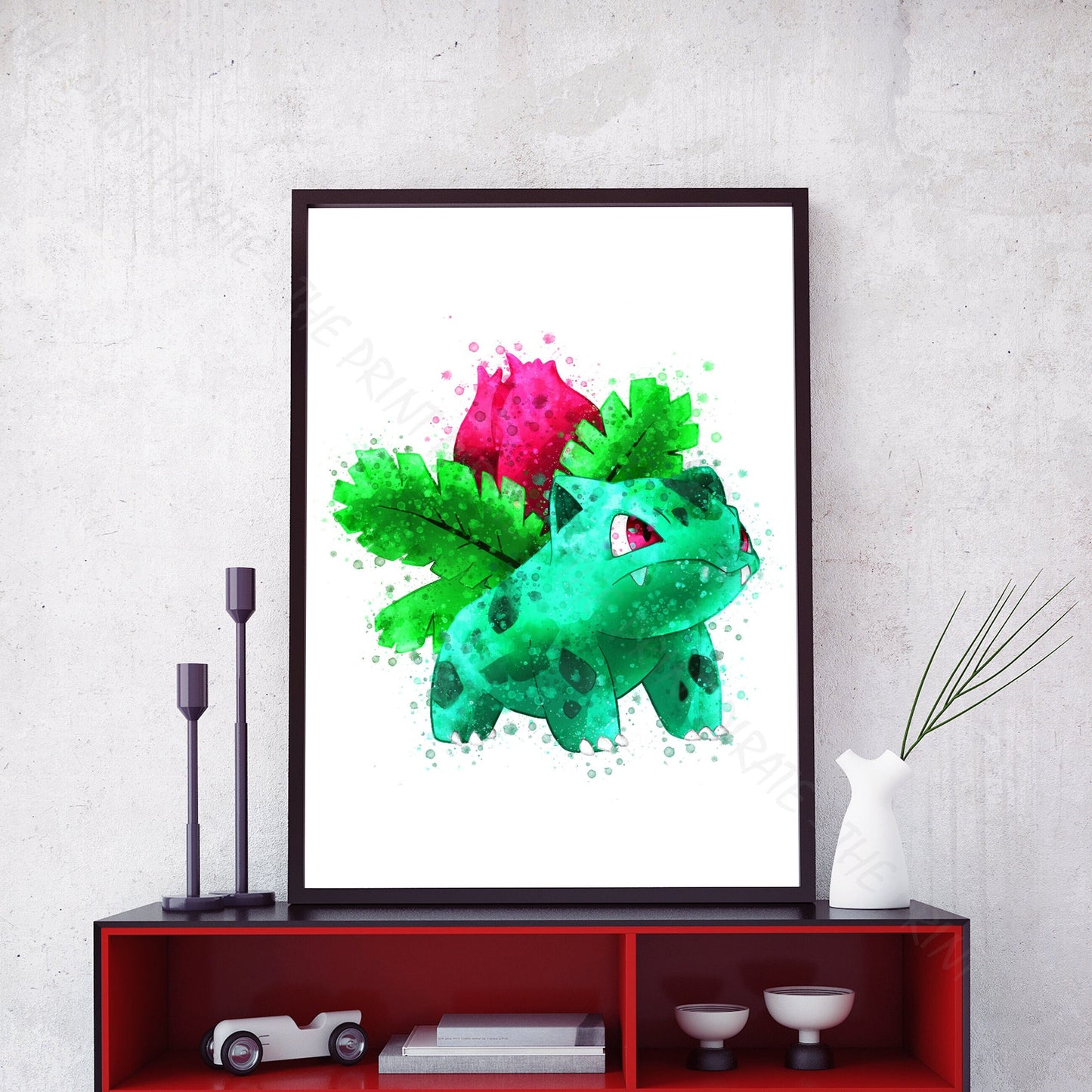 Pokemon 'IVYSAUR' Watercolour Splash Wall Art Print