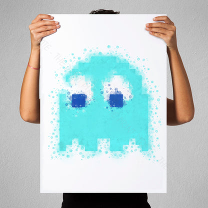 Gaming 'PACMAN BLUE GHOST INKY' Watercolour Splash Wall Art Print