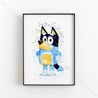 Bluey 'BANDIT' character Watercolour Splash Wall Art Print