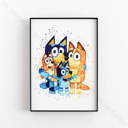 Bluey 'HEELER FAMILY' character Watercolour Splash Wall Art Print