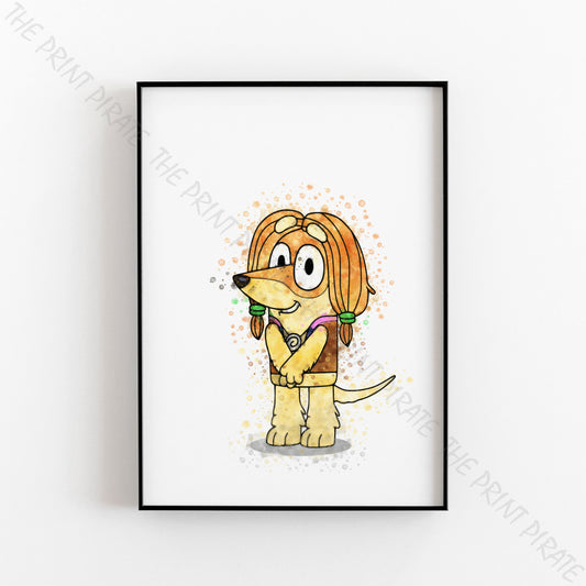 Bluey 'INDY' character Watercolour Splash Wall Art Print