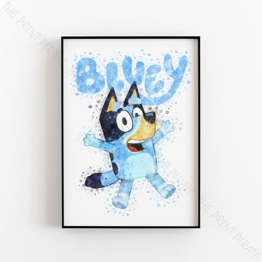 Bluey 'JUMPING BLUEY' character Watercolour Splash Wall Art Print