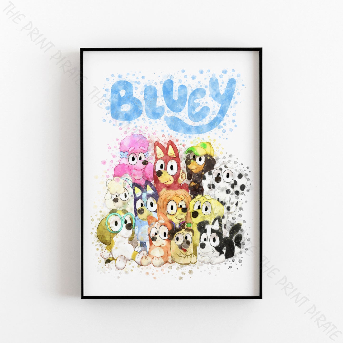 Bluey 'BLUEY AND FRIENDS' character Watercolour Splash Wall Art Print