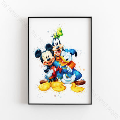 Disney 'MICKEY, DONALD & GOOFY' Characters Watercolour Splash Wall Art Print