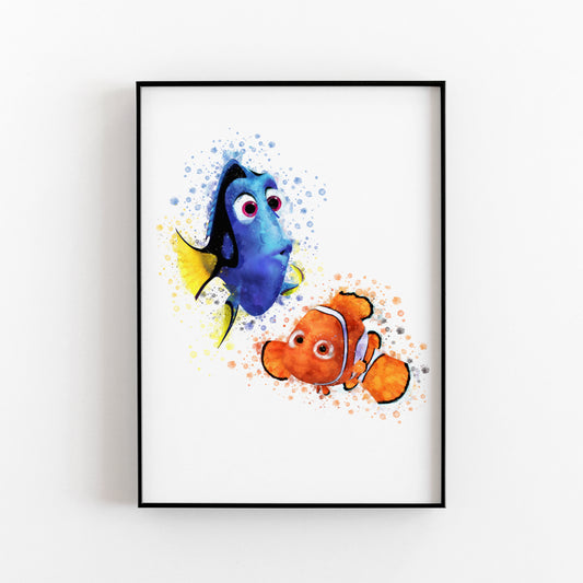 Disney Pixar 'NEMO & DORI' Finding Nemo Print Watercolour Splash Art Print