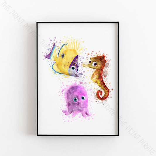 Disney Pixar 'PEARL, SHELDON & TAD' Finding Nemo Watercolour Splash Wall Art Print