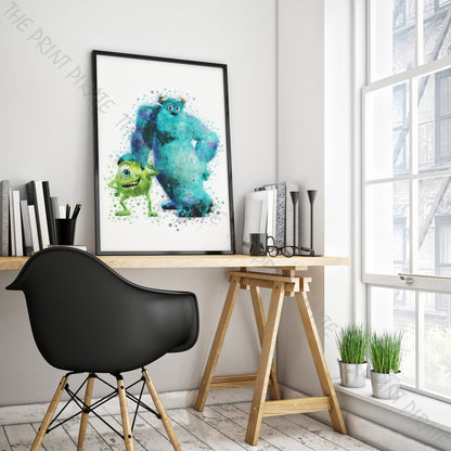 Disney Pixar 'MIKE AND SULLY' Monsters INC Watercolour Splash Wall Art Print