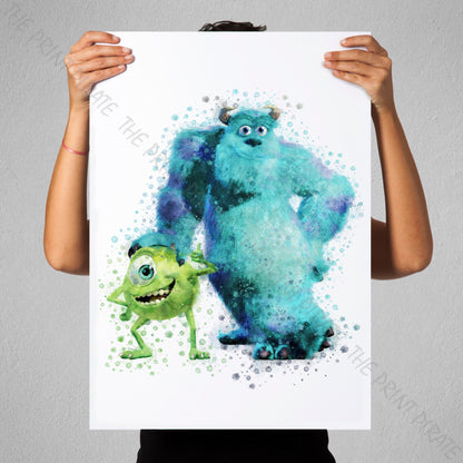 Disney Pixar 'MIKE AND SULLY' Monsters INC Watercolour Splash Wall Art Print