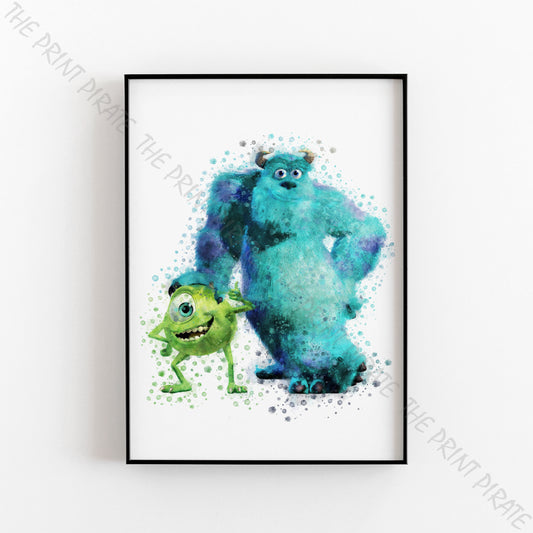 Disney Pixar 'MIKE AND SULLY' Monsters INC Watercolour Splash Wall Art Print