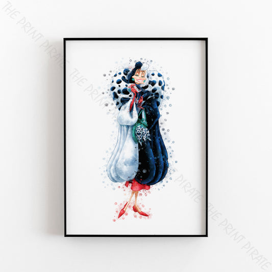 Disney 'CRUELLA DEVILLE' 101 Dalmations Villain Watercolour Splash Wall Art Print