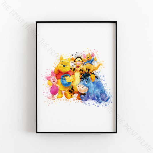 Disney 'WINNIE THE POOH GROUP' Winnie the Pooh Watercolour Splash Wall Art Print