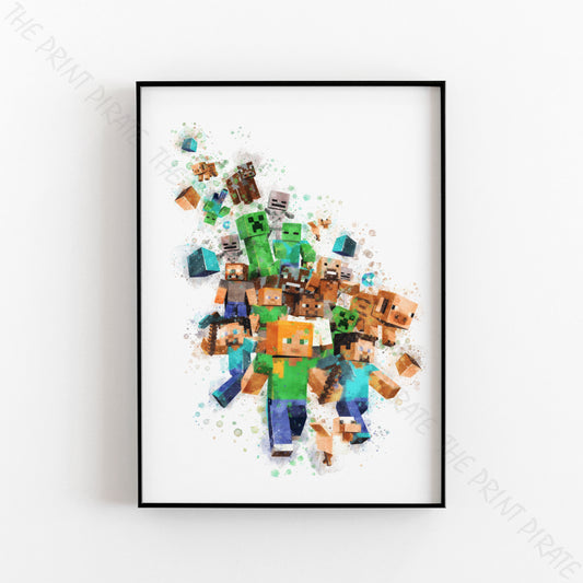 Gaming 'MINECRAFT CHARACTERS' Watercolour Splash Wall Art Print