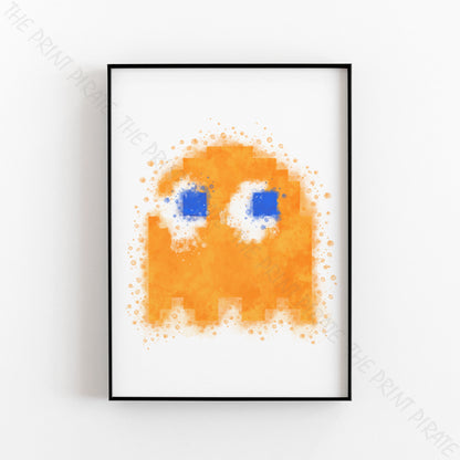 Gaming 'PACMAN ORANGE GHOST CLYDE' Watercolour Splash Wall Art Print