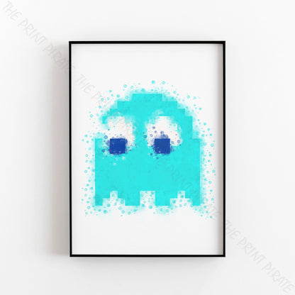 Gaming 'PACMAN BLUE GHOST INKY' Watercolour Splash Wall Art Print