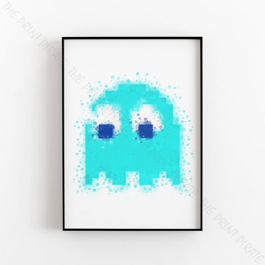 Gaming 'PACMAN BLUE GHOST INKY' Watercolour Splash Wall Art Print