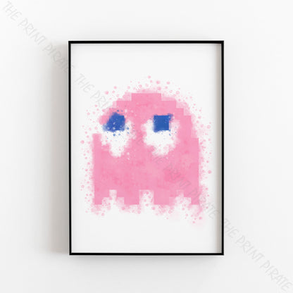 Gaming 'PACMAN PINK GHOST PINKY' Watercolour Splash Wall Art Print